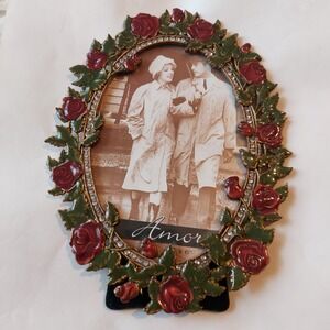 Amor Vintage Style Red Rose Enamel 4x6 Oval Picture Frame Crystal Accents Gold
